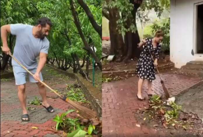 Salman Khan With Yulia Vantur Sweeping Farm House: Viral Video