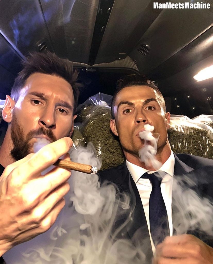 Cristiano Ronaldo and Lionel Messi smoking